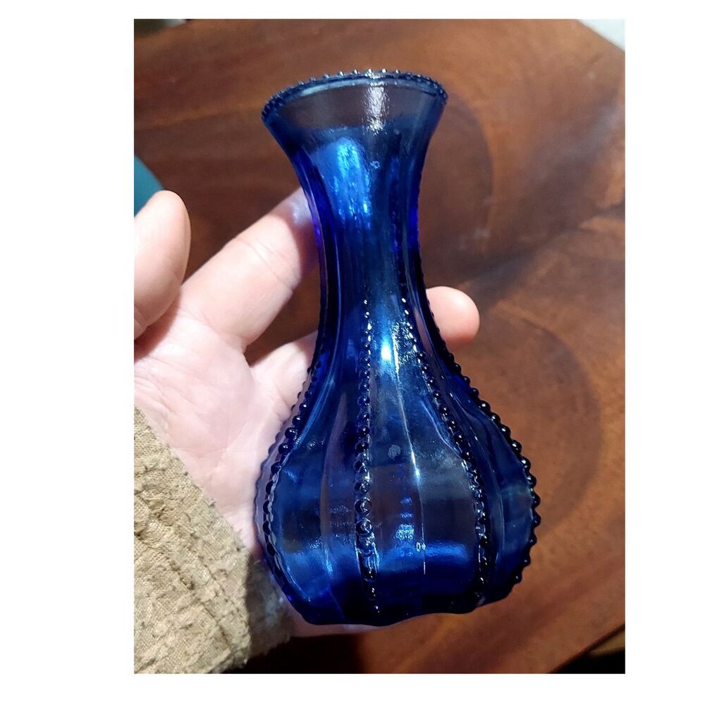 Indiana Glass Cobalt Blue Glass Vase Beaded Edge Decorative Glossy Gourd Shape